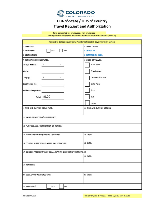 Out-of-State / Country Travel Request & Authorization Form (CCCS Staff use ARF for Travel) PDF