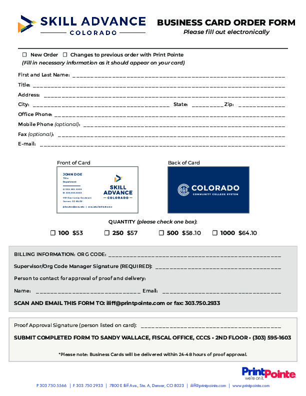 Skill Advance Business Card Order Form PDF