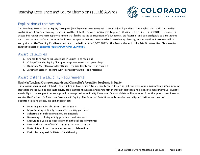 Teaching Excellence and Equity Champion (TEECh) Awards Criteria 4.28.22 PDF