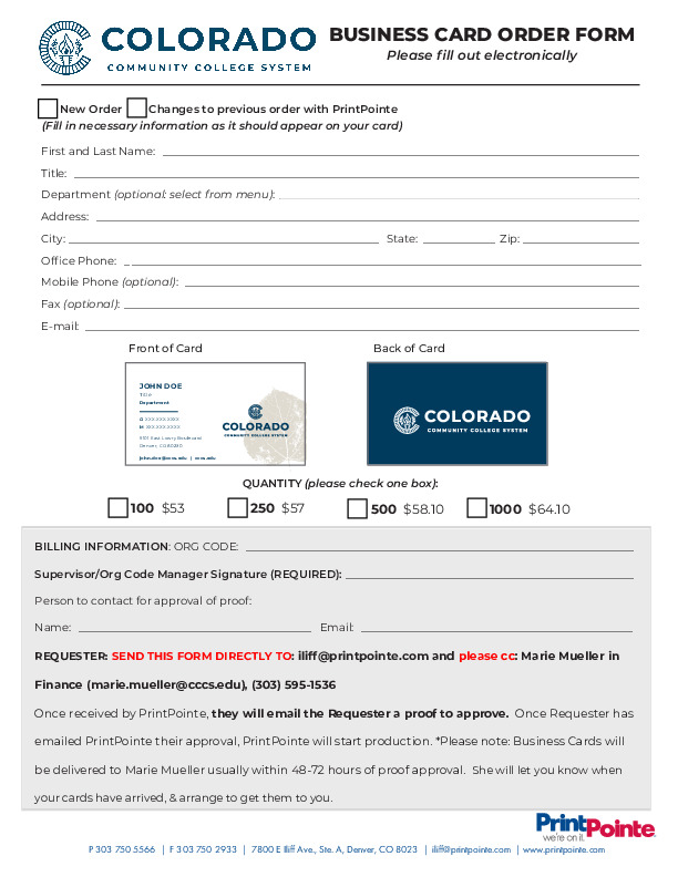 Business Card Order Form PDF
