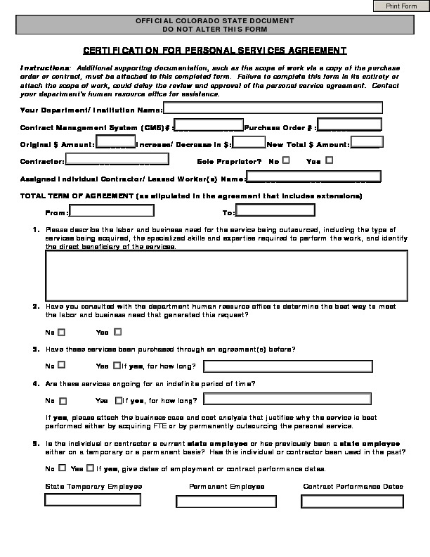 Certification for Personal Services Agreement Form (HR) PDF