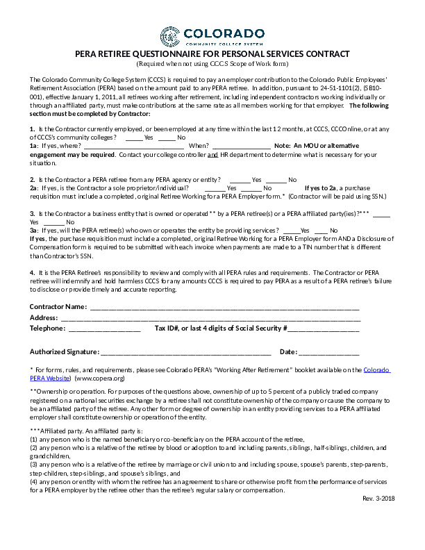 PERA Retiree Questionnaire for Personal Services Contract Word Document