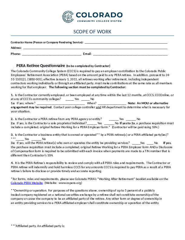 Scope of Work, PERA template Word Document