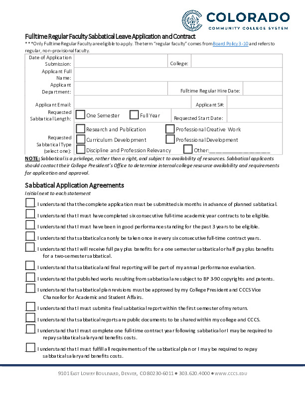 Sabbatical Application & Contract (Fillable Form) PDF