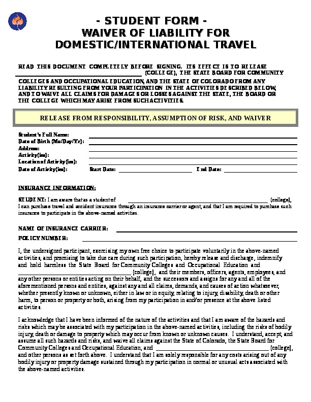 Waiver of Liability for Domestic / International Travel (Student Only) Word Document